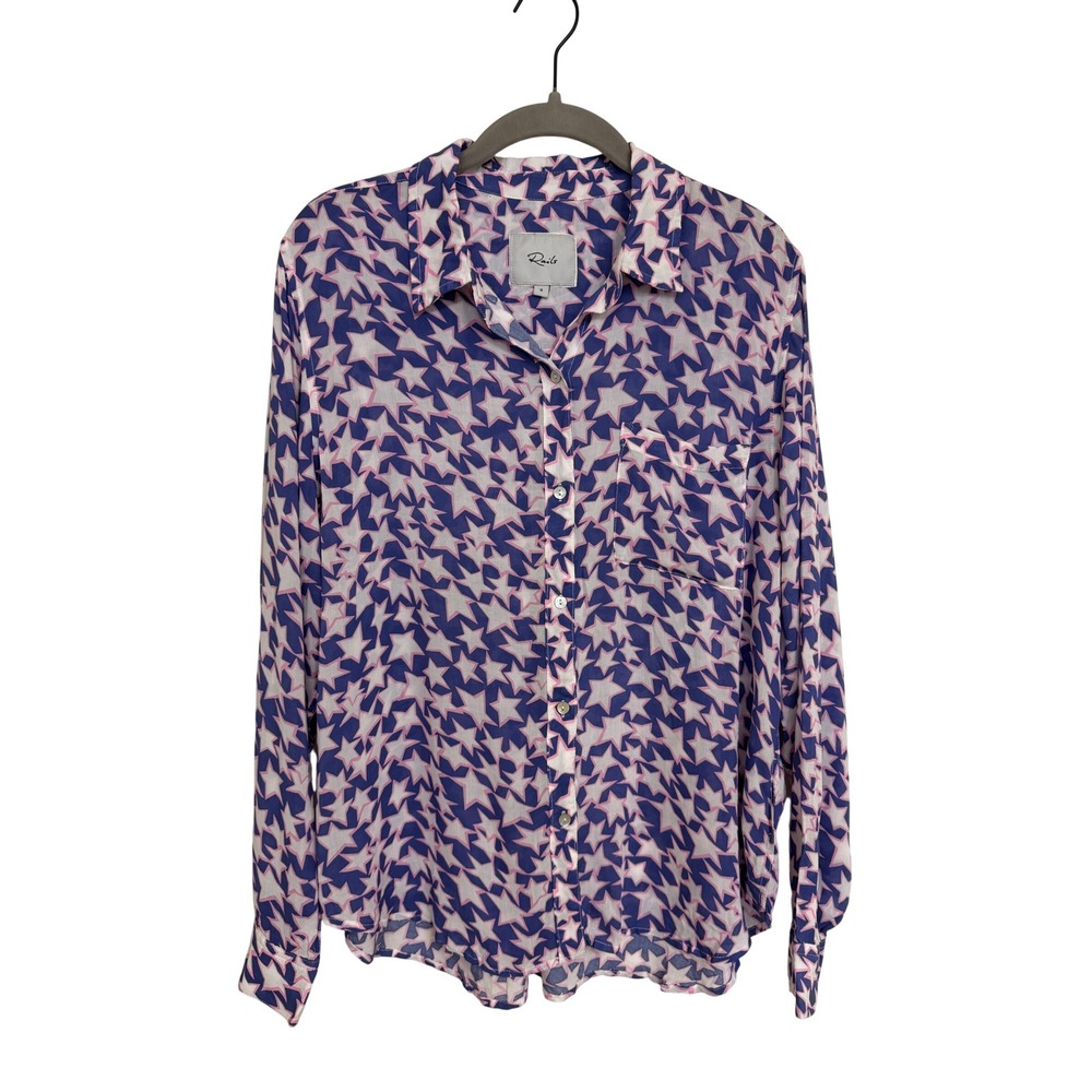Rails Josephine Pink Stars Button Down Shirt Blue Rayon Long Sleeve Small